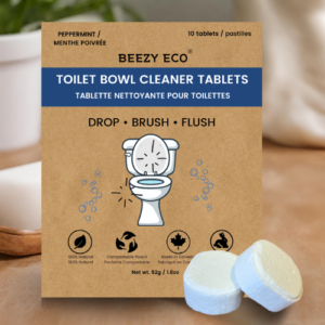 Eco-friendly, septic safe Fizzy toilet bowl cleaner tablet in compostable package