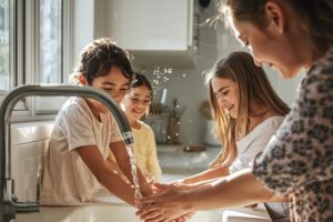 Family washing hands with Beezy Eco foaming handsoap made in Canada